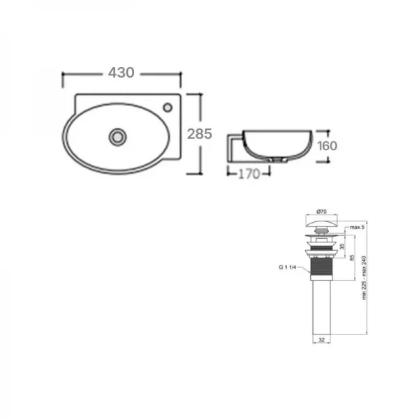 Комплект Qtap Leo: Раковина подвесная овальная правая 430x285x160 мм White + Донный клапан PU02O