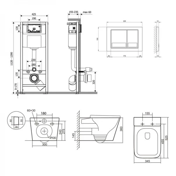 Готове рішення Qtap для ванної кімнати: підвісний унітаз Tern + комплект інсталяції Nest 4 в 1 (квадратна клавіша Chrome)