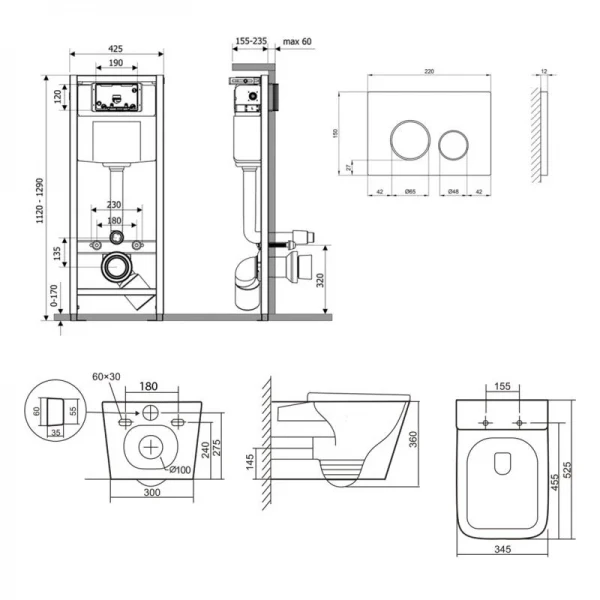 Готове рішення Qtap для ванної кімнати: підвісний унітаз Tern + комплект інсталяції Nest 4 в 1 (кругла клавіша Chrome)
