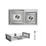 Комплект Lidz Handmade H7843 Мойка для кухни с двумя чашами интегрированная Brushed в комплекте с дозатором + Lidz K01G Корзина для кухонной мойки