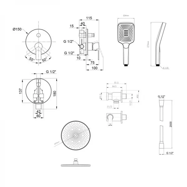 Комплект для душа Qtap Ustek Chrome: Смеситель QTUST6216107ODC + Лейки (QTRUC125CRM45952,QTHLA107CRM45948) + Шланг QTHADPVC200C + QTCRMBH030