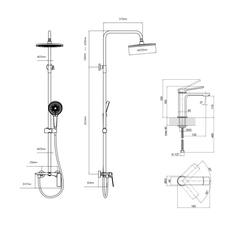 Комплект змішувачів Qtap Slavonice: Душова система QTSLA110BLM45914 + Змішувач для раковини QTSLA1042103B