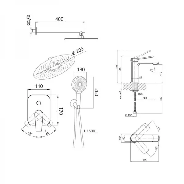Комплект змішувачів Qtap Slavonice: Душова система QTSLA113BLM45900 + Змішувач для раковини QTSLA1042103B