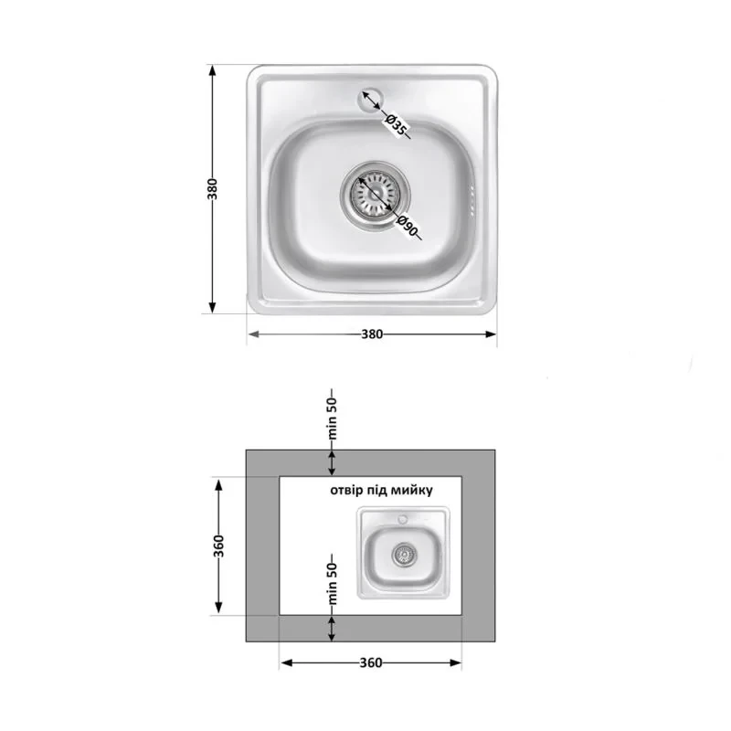 Кухонная мойка Brinex 3838 0,6 мм Satin (BRIN3835SAT06)