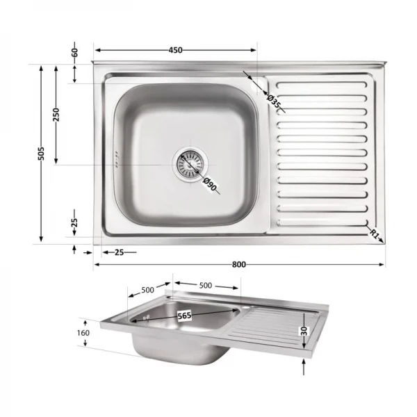 Кухонна мийка Brinex 5080-L 0,8 мм Satin (BRIN5080LSAT06)