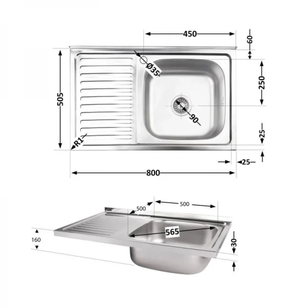 Кухонна мийка Brinex 5080-R 0,8 мм Satin (BRIN5080RSAT06)