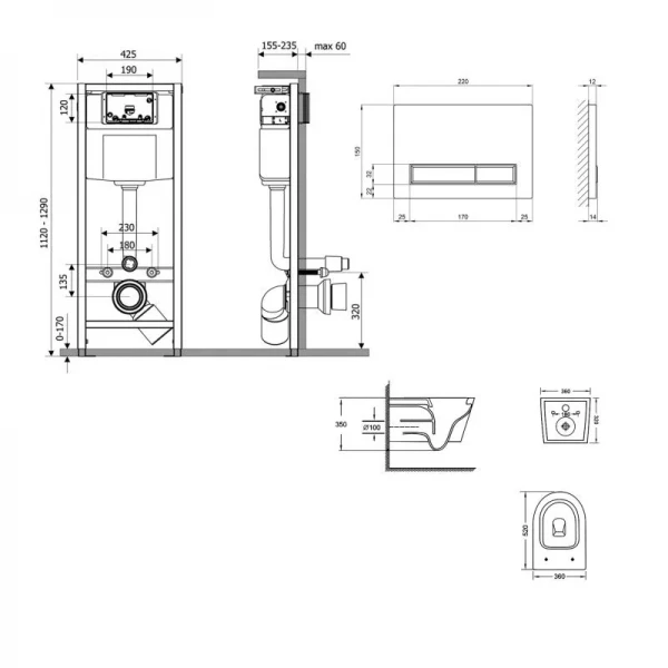 Готове рішення Qtap для ванної кімнати: підвісний унітаз Jay Ultra Quiet 520x360x320 + комплект інсталяції Nest 4 в 1 (лінійна клавіша White)