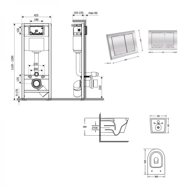 Готове рішення Qtap для ванної кімнати: підвісний унітаз Jay Ultra Quiet 520x360x320 + комплект інсталяції Nest 4 в 1 (квадратна клавіша Chrome)