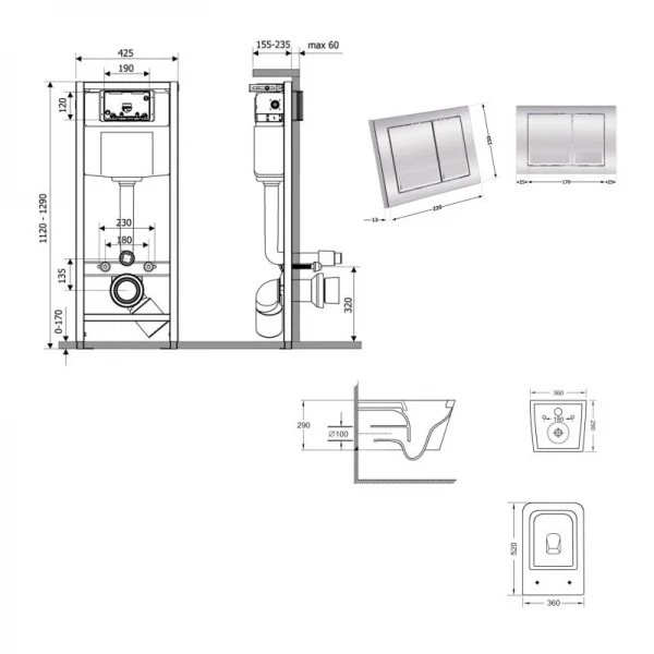 Готове рішення Qtap для ванної кімнати: підвісний унітаз Crow Ultra Quiet 520x360x290 + комплект інсталяції Nest 4 в 1 (квадратна клавіша Chrome)