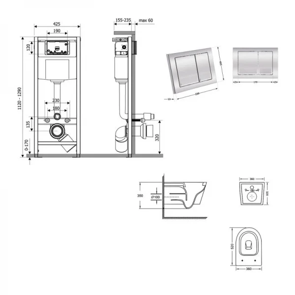 Готове рішення Qtap для ванної кімнати: підвісний унітаз Swan Ultra Quiet 520x360x320 + комплект інсталяції Nest 4 в 1 (квадратна клавіша Chrome)