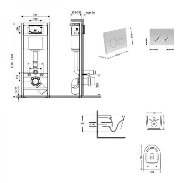 Готове рішення Qtap для ванної кімнати: підвісний унітаз Jay Ultra Quiet 520x360x320 + комплект інсталяції Nest 4 в 1 (кругла клавіша Satin)