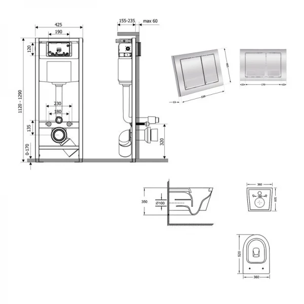 Готове рішення Qtap для ванної кімнати: підвісний унітаз Swan Ultra Quiet 520x360x320 + комплект інсталяції Nest 4 в 1 (кругла клавіша Satin)