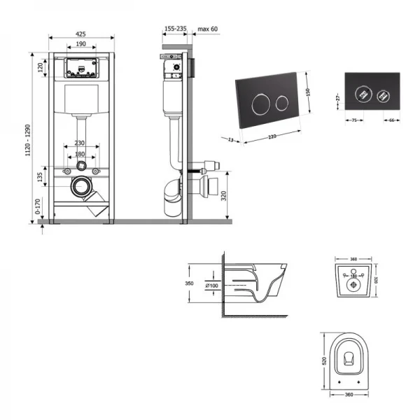Готове рішення Qtap для ванної кімнати: підвісний унітаз Jay Ultra Quiet 520x360x320 + комплект інсталяції Nest 4 в 1 (кругла клавіша Black mat)