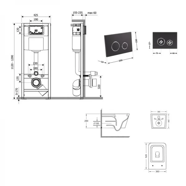 Готове рішення Qtap для ванної кімнати: підвісний унітаз Crow Ultra Quiet 520x360x290 + комплект інсталяції Nest 4 в 1 (кругла клавіша Black mat)