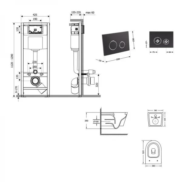 Готове рішення Qtap для ванної кімнати: підвісний унітаз Swan Ultra Quiet 520x360x320 + комплект інсталяції Nest 4 в 1 (кругла клавіша Black mat)