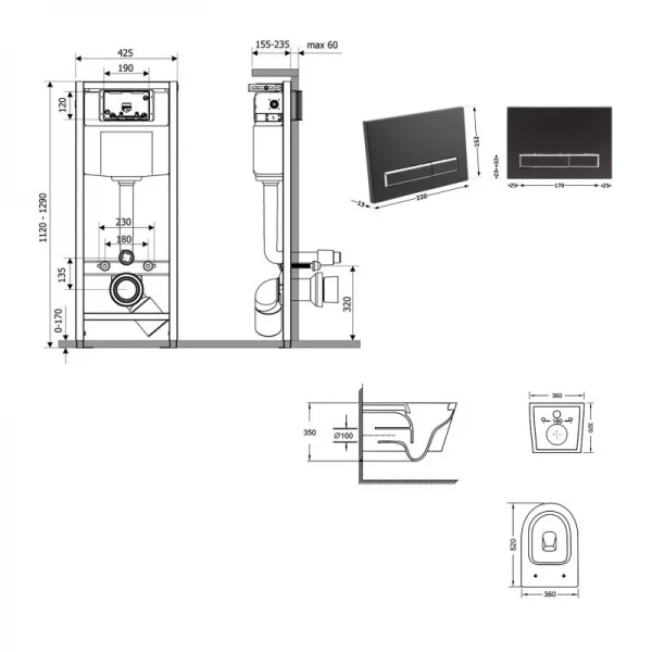 Готове рішення Qtap для ванної кімнати: підвісний унітаз Swan Ultra Quiet 520x360x320 + комплект інсталяції Nest 4 в 1 (лінійна клавіша Black mat)