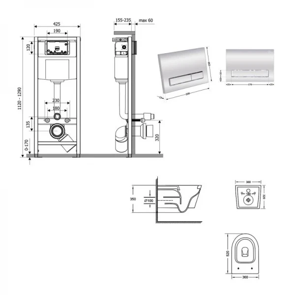 Готове рішення Qtap для ванної кімнати: підвісний унітаз Jay Ultra Quiet 520x360x320 + комплект інсталяції Nest 4 в 1 (лінійна клавіша Chrome)