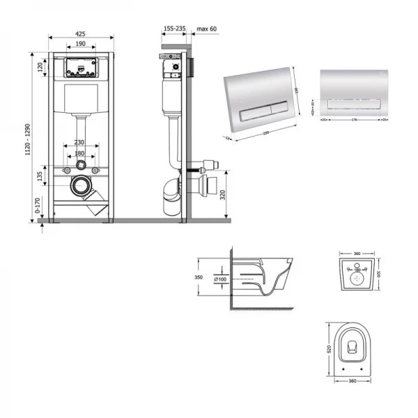 Готове рішення Qtap для ванної кімнати: підвісний унітаз Swan Ultra Quiet 520x360x320 + комплект інсталяції Nest 4 в 1 (лінійна клавіша Chrome)