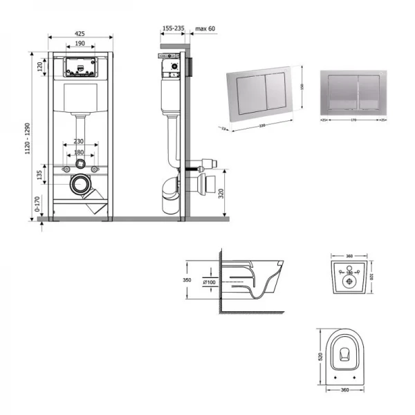 Готове рішення Qtap для ванної кімнати: підвісний унітаз Jay Ultra Quiet 520x360x320 + комплект інсталяції Nest 4 в 1 (квадратна клавіша Satin)