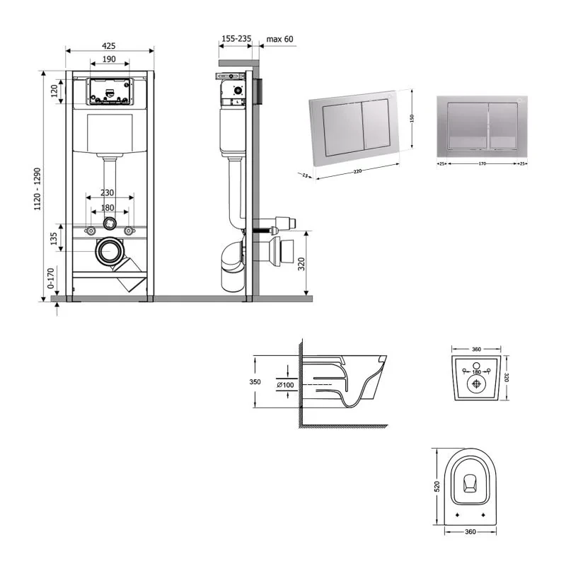 Готове рішення Qtap для ванної кімнати: підвісний унітаз Jay Ultra Quiet 520x360x320 + комплект інсталяції Nest 4 в 1 (квадратна клавіша Satin)
