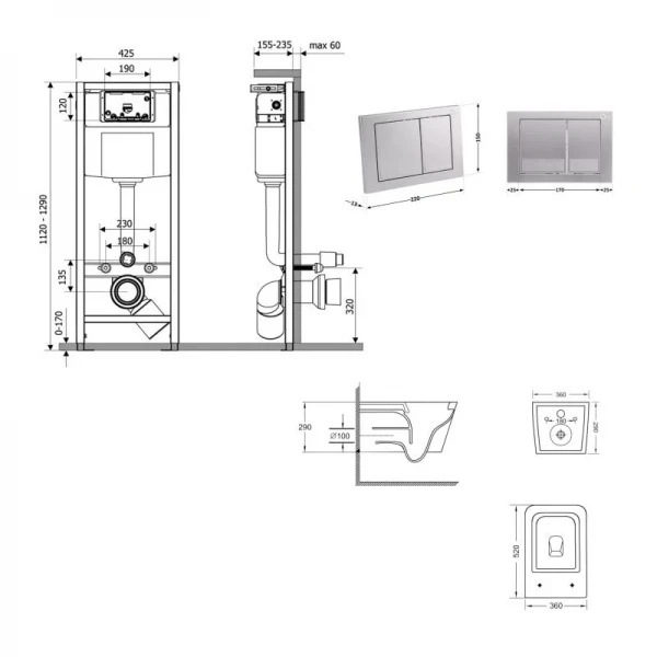 Готове рішення Qtap для ванної кімнати: підвісний унітаз Crow Ultra Quiet 520x360x290 + комплект інсталяції Nest 4 в 1 (квадратна клавіша Satin)