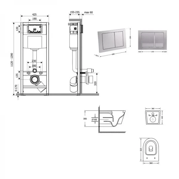 Готове рішення Qtap для ванної кімнати: підвісний унітаз Swan Ultra Quiet 520x360x320 + комплект інсталяції Nest 4 в 1 (квадратна клавіша Satin)