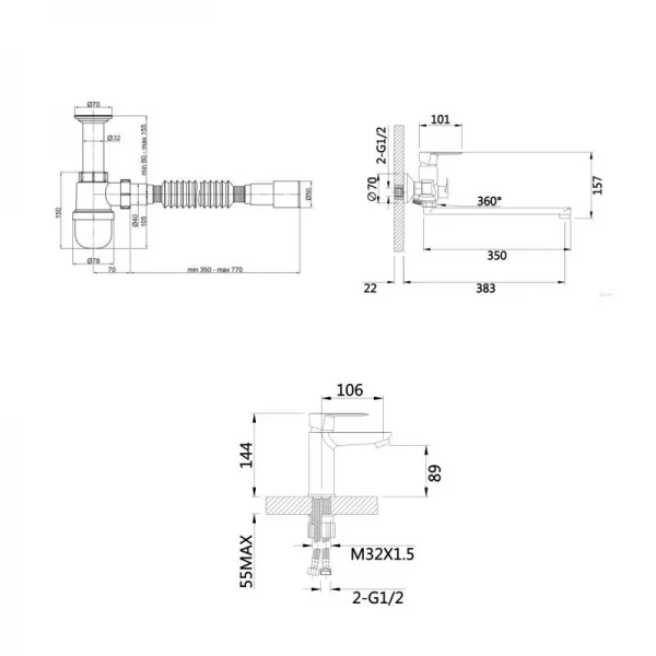 Комплект для Ванной Latwa: Смеситель для раковины LDLAT001CRM45412 + Смеситель для Ванной LDLAT005CRM45415