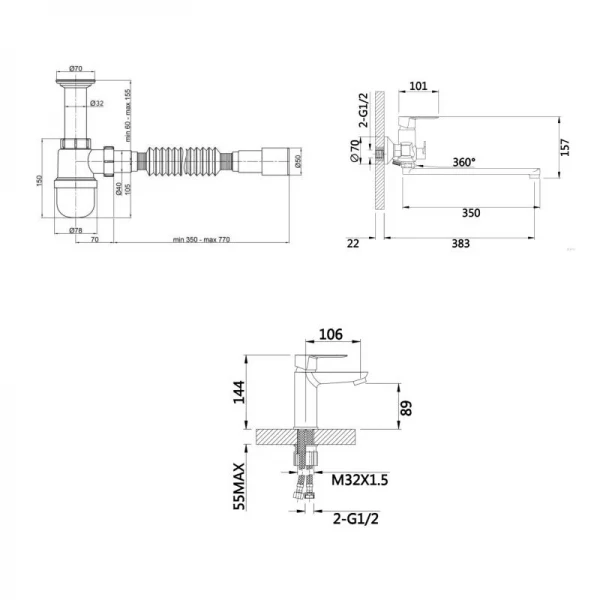 Комплект для Ванної Latwa: Змішувач для раковини LDLAT001WHI45423 + Змішувач для Ванної LDLAT010WHI45426