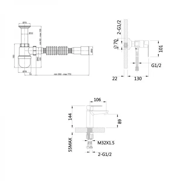 Комплект для Ванної Latwa: Змішувач для раковини LDLAT001BLA45418 + Змішувач для душевої кабіни LDLAT010BLA45421