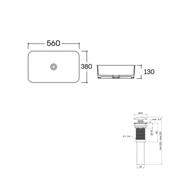 Комплект Qtap Virgo N: Раковина накладная 560x380x130 мм, White, прямоугольная + Донный клапан Pop-up PU02