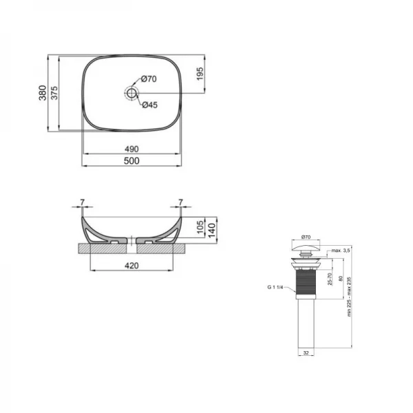 Комплект Qtap Cardinal: Раковина накладная 500×380×140 мм, White, овальная + Донный клапан Pop-up PU02