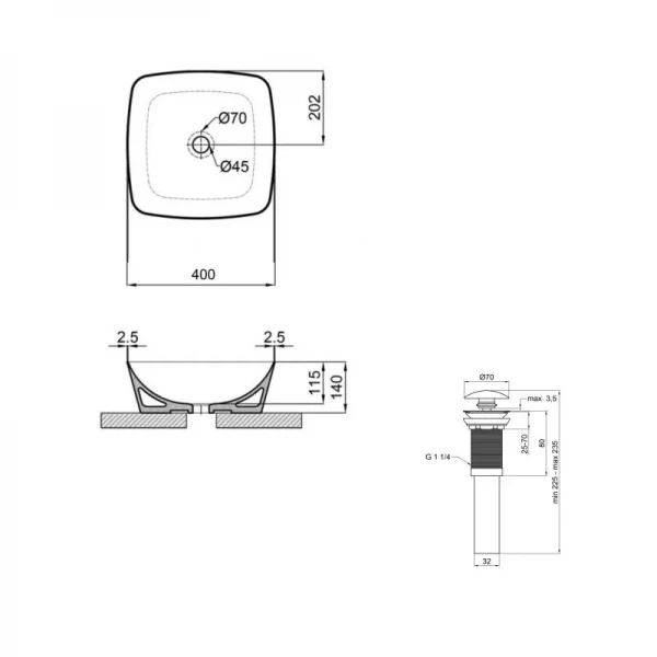 Комплект Qtap Kolibri: Раковина накладная 400x400x140 мм, White, квадратная + Донный клапан Pop-up PU02