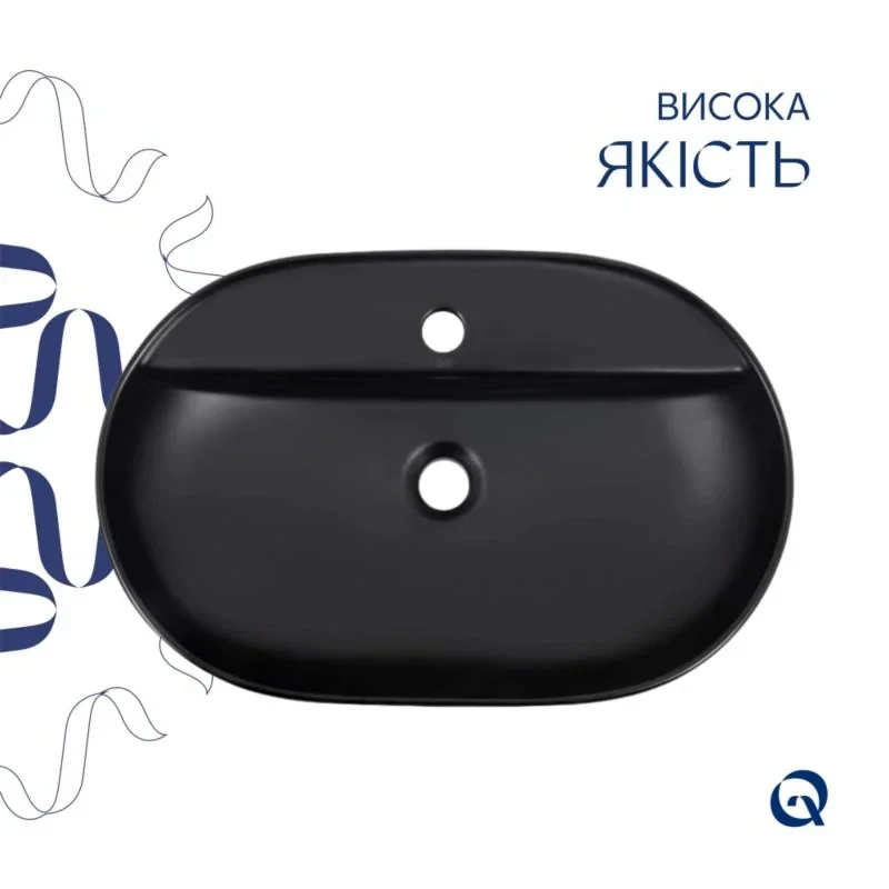 Комплект Qtap Scorpio: Раковина накладная 600x400x120 мм, Matt Black, овальная + Донный клапан Pop-up PU03
