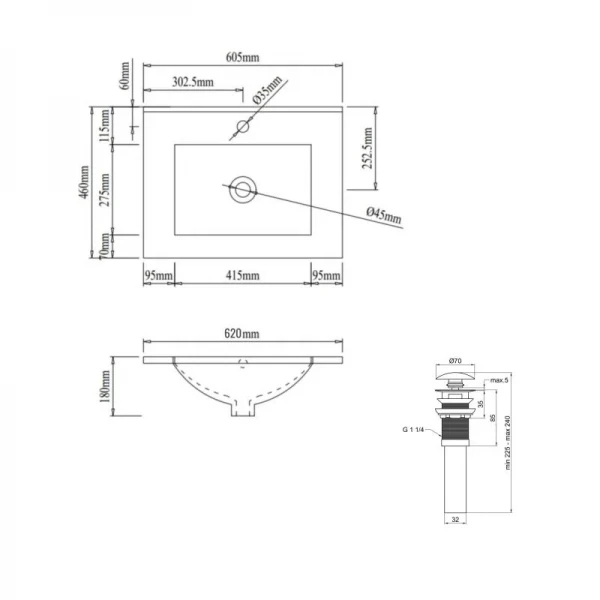Комплект Albatross: Раковина врізна меблева 620x460x180 мм, White, прямокутна + Донний клапан Pop-up PU02O