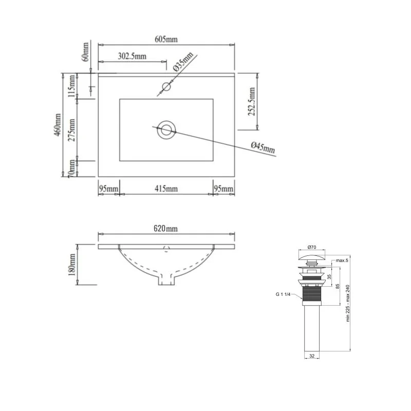 Комплект Albatross: Раковина врезная мебельная 620x460x180 мм, White, прямоугольная + Донный клапан Pop-up PU02O
