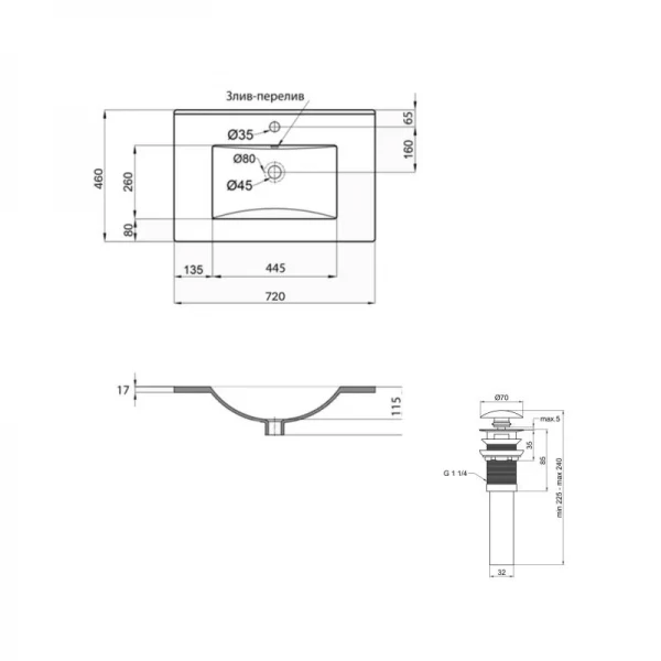 Комплект Albatross: Раковина врізна меблева 720x460x180 мм, White, прямокутна + Донний клапан Pop-up PU02O