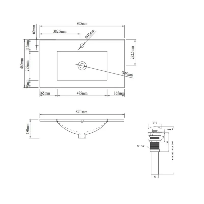 Комплект Albatross: Раковина врезная мебельная 820x460x180 мм, White, прямоугольная + Донный клапан Pop-up PU02O