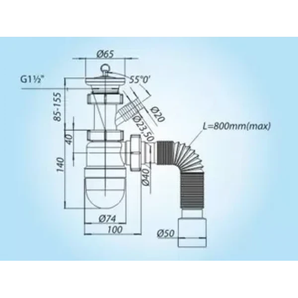 К0110 кухня 1 1/2*40, різьб. нерж.випуск, пралка, пробка, гофротруба 40*40/50 {25}
