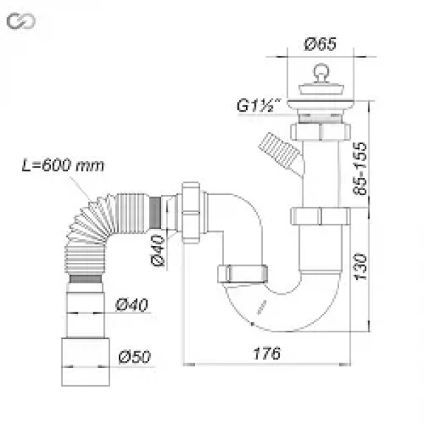 Н0110 кухня 1 1/2*40, різьб. нерж. випуск, прямоточ., пробка, пралка, гофротруба 40*40/50 {20}