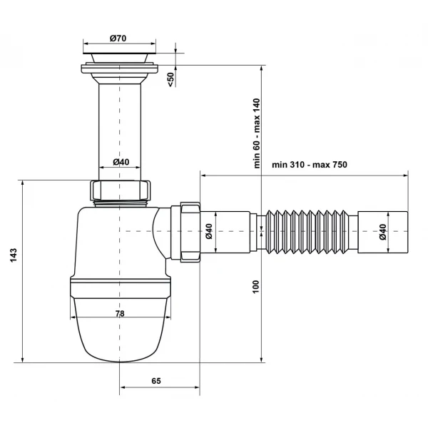 Сифон для кухонної мийки Kronoplast У-1050 1 1/2 з литим випуском Ø40 x 40/50 (SY11000043)