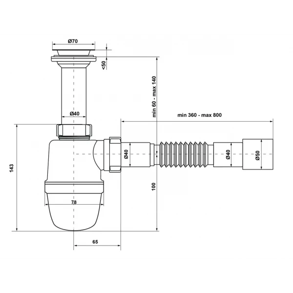 Сифон для кухонної мийки Kronoplast У-1050 1 1/2 з литим випуском Ø40 x 40/50 (SY11000043)