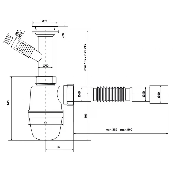 Сифон для кухонної мийки Kronoplast У-1550 1 1/2 з литим випуском і відведенням до пральної машини Ø40х40/50 (SY13000043)