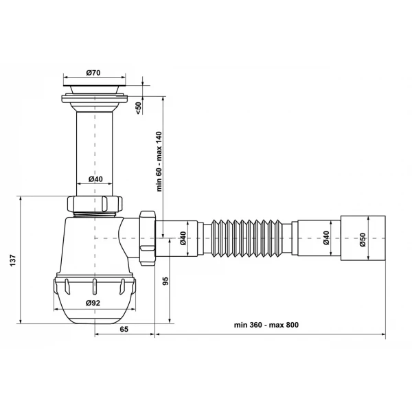 Сифон для кухонної мийки Kronoplast М-1050 1/2 з різьбовим випуском і гнучкою трубою Ø40х40/50 (SM11000043)