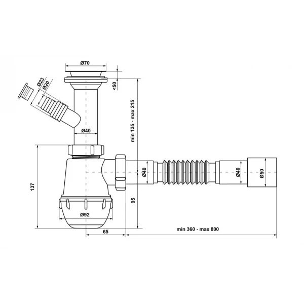 Сифон для кухонної мийки Kronoplast М-1550 1 1/2* 40 зі збільшеним корпусом і відведенням до пральної машини (SM13000043)