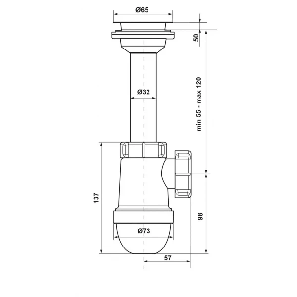 Сифон для умивальника Kronoplast Т-1050 1 1/4 з литим випуском і гнучкою трубою Ø40х40/50 (SТ12000043)