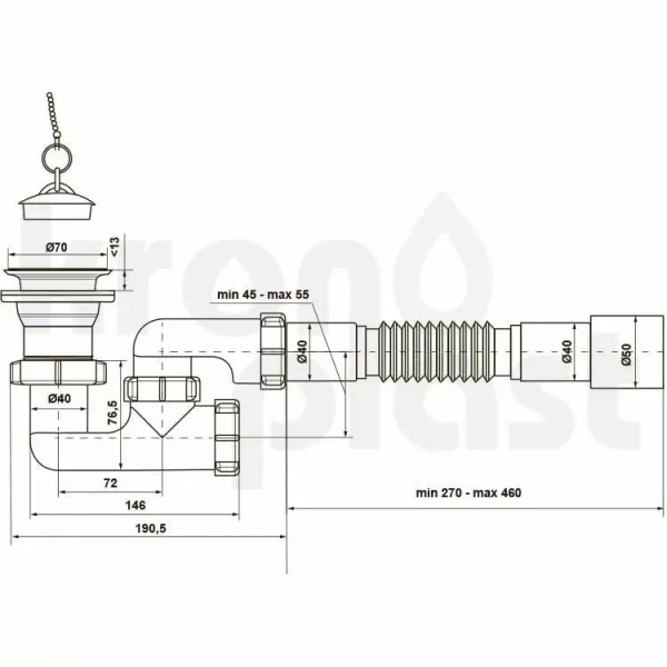 Сифон для ванни Kronoplast П-0555 1 1/2″, з ревізією та гнучкою трубкою Ø40 x 40/50 (SR14000033)