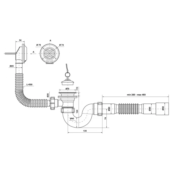 Сифон для ванни прямоточний Kronoplast В-1050 40/50 з переливом (SV26000133)