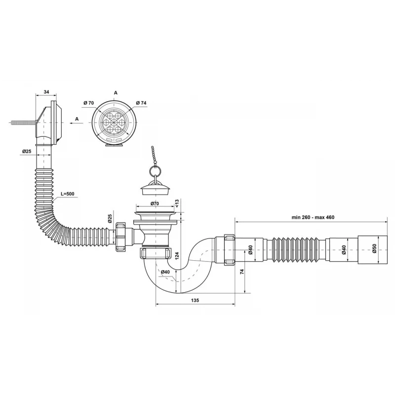 Сифон для ванны KRONO PLAST В-1050 40/50 с переливом прямоточный