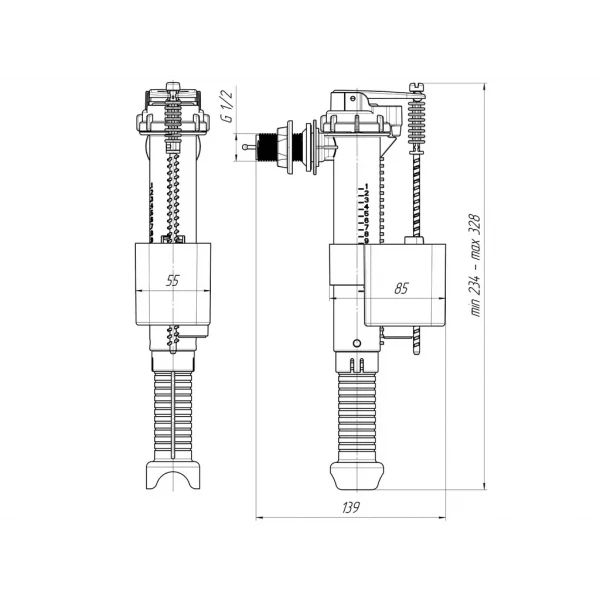 Наливний механізм бачка унітазу ANI-plast WC5010 збоку G1/2