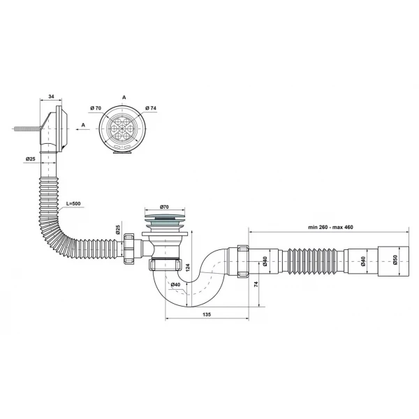 Сифон для ванни прямоточний Kronoplast В-1050 К 40/50 Сlick-Сlack з переливом (SV27200133)